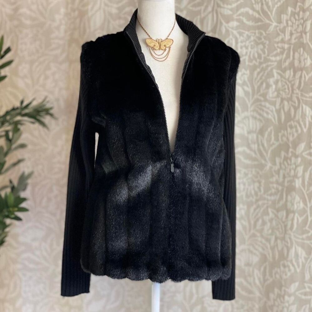Vintage 90s Kathie Lee Collection Black Knit‎ Faux Fur Jacket Whimsygoth Size S